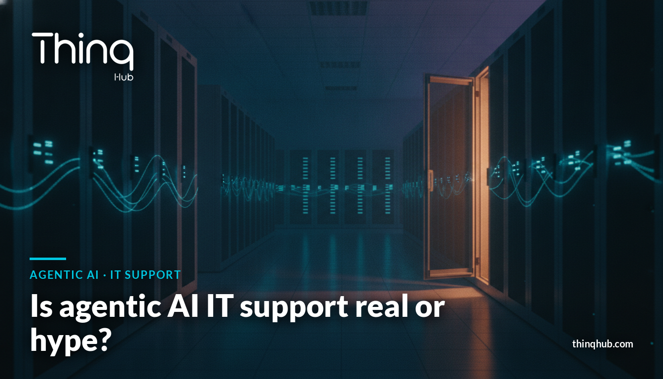 Cinematic dark server room corridor with faint glowing blue data trails and empty workstations, no visible people or text