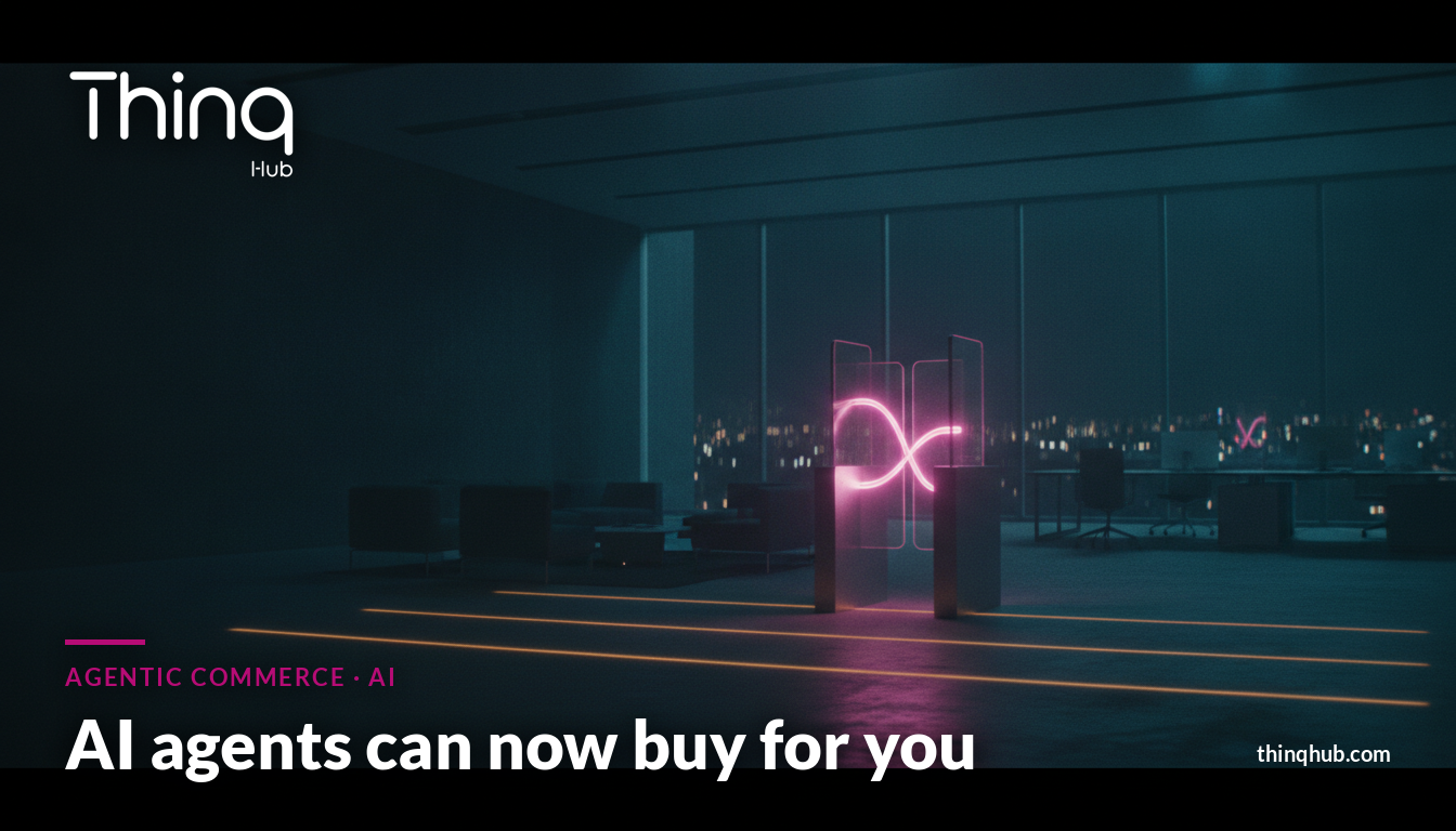 Cinematic dark office at night with a single glowing card-shaped light trail passing through a translucent checkout gate, no visible people or text