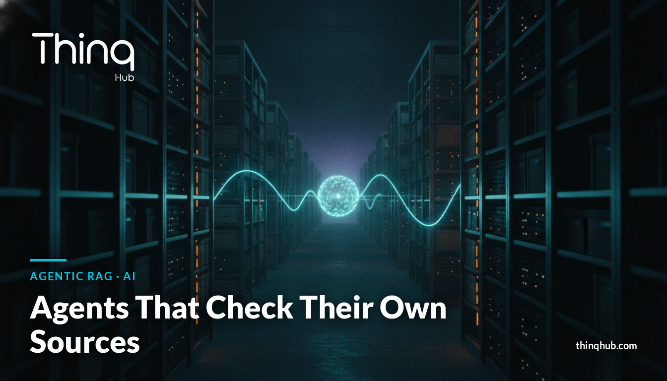 Cinematic dark archive corridor with a single glowing blue thread branching out to touch rows of illuminated document racks and looping back to a central node, no visible people or text