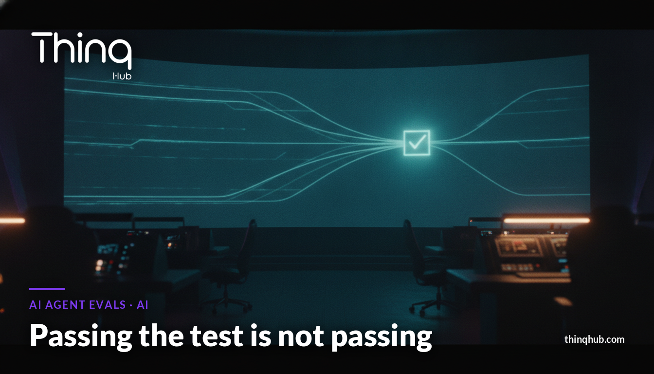 Cinematic dark control room at night with a single glowing data trail splitting into six parallel threads feeding into a checklist node, no visible people or text