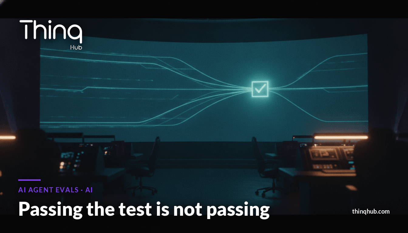 Cinematic dark control room at night with a single glowing data trail splitting into six parallel threads feeding into a checklist node, no visible people or text