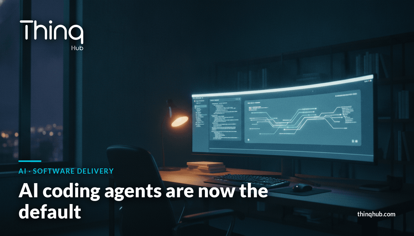 Arbeitsplatz eines Softwareentwicklers bei Nacht, mit geschichteten Code- und Agenten-Workflow-Fenstern, die in türkisem und violettem Licht leuchten
