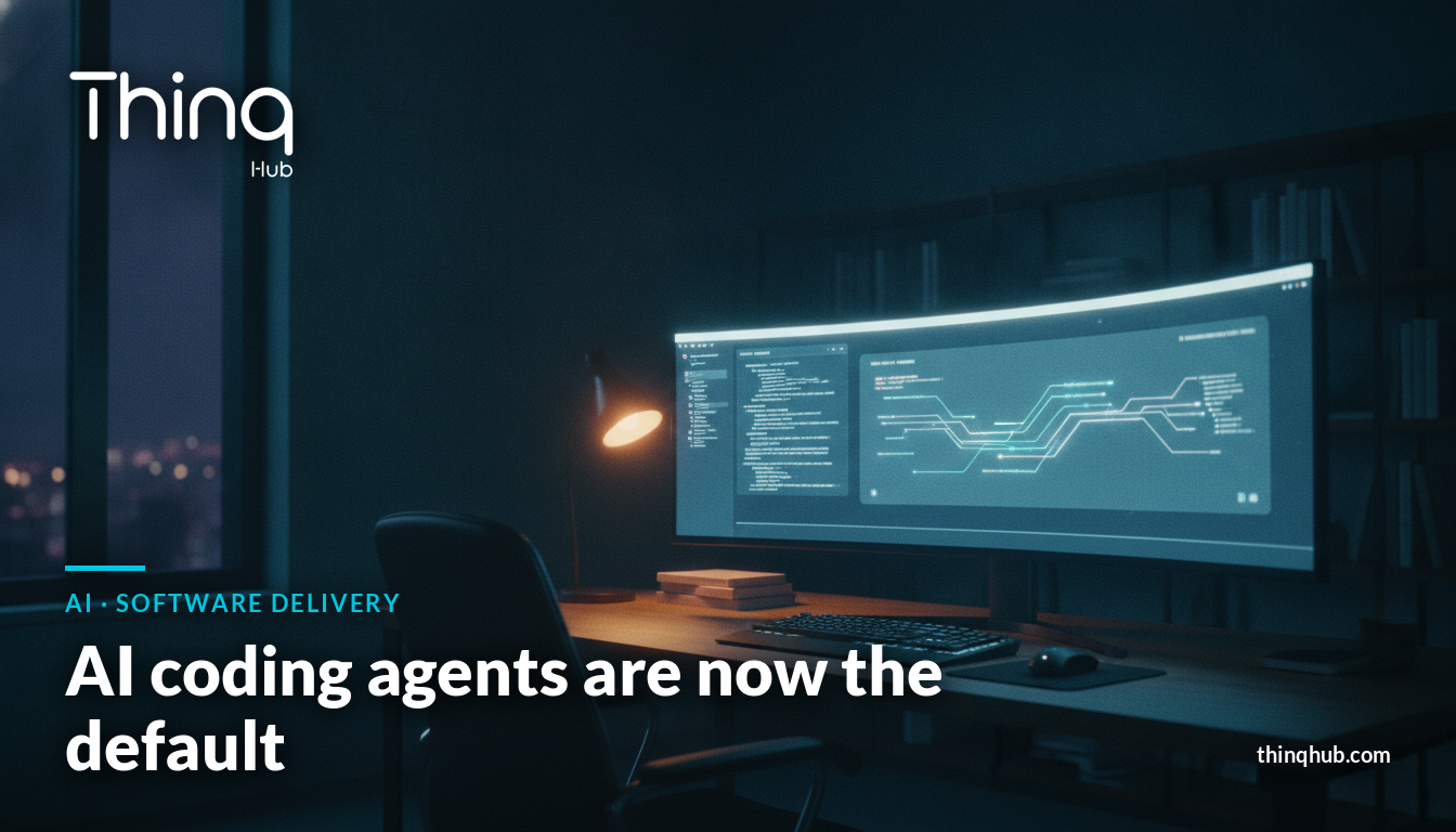 A software engineering workstation at night with layered code and agent workflow panels glowing in teal and violet light