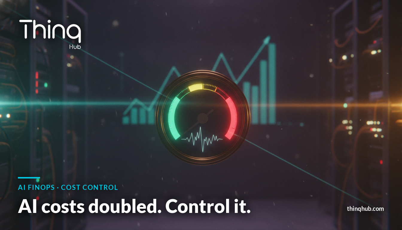 Cinematic still evoking a rising cost curve behind a control dashboard, teal and violet light