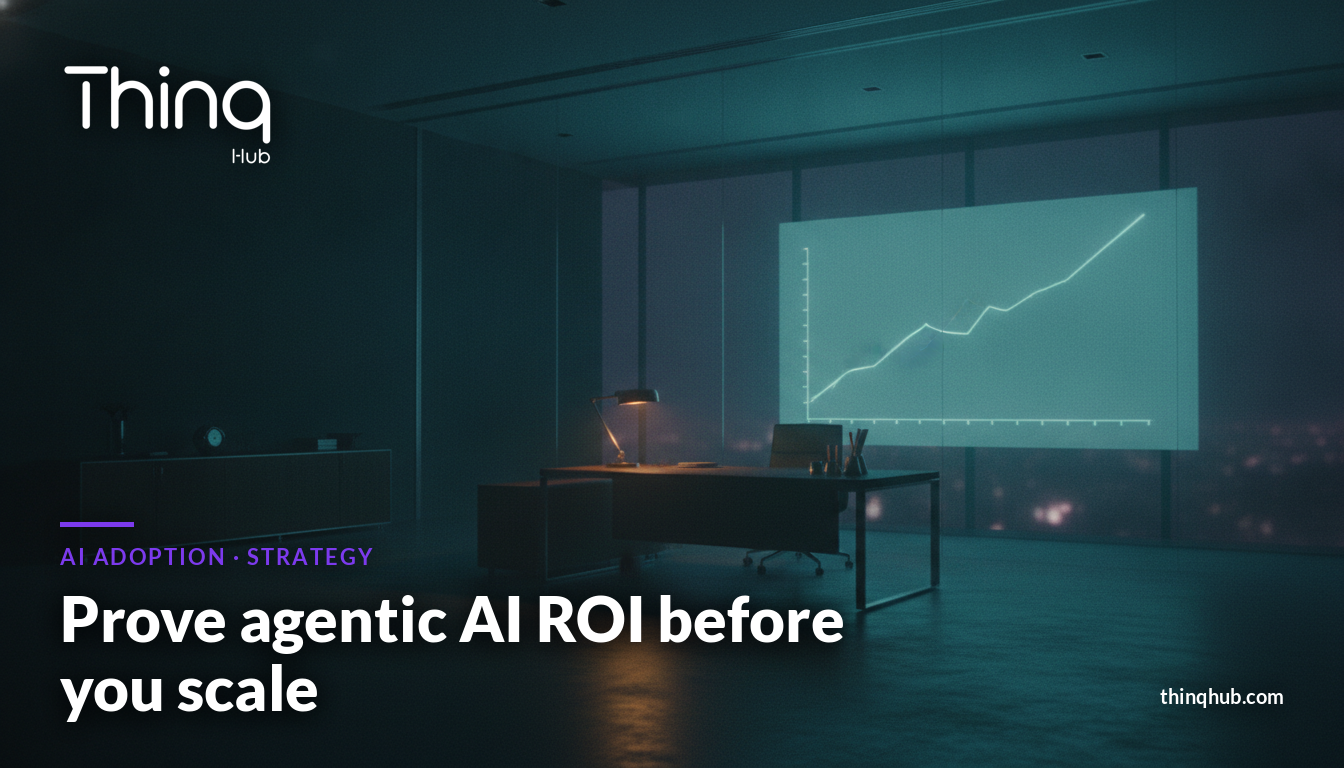 Cinematic still evoking a business dashboard weighing AI investment against measurable return, teal and violet light