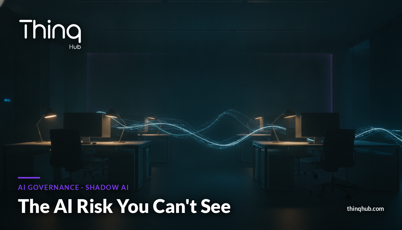 Cinematic dark office at night with faint glowing data trails weaving between empty desks, no visible people or text
