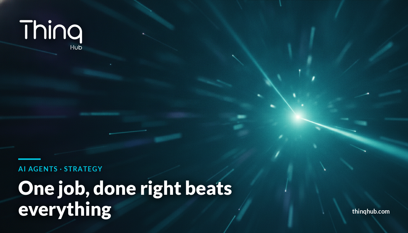 A single glowing thread of light locking into one precise point among a field of scattered, unfocused light trails, evoking a specialized AI agent versus a diffuse general one