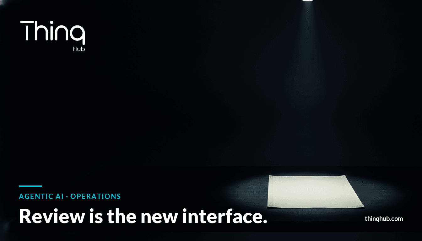A single sheet of paper lit by one overhead beam on an otherwise dark desk, with the line: Review is the new interface.