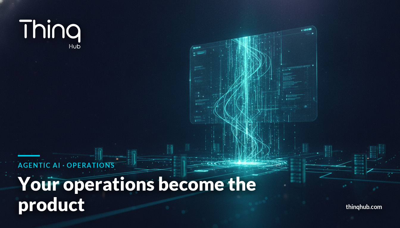 Abstract editorial illustration of a software interface dissolving into flowing data that feeds into connected business systems, dark navy with teal and violet accents, no people or text