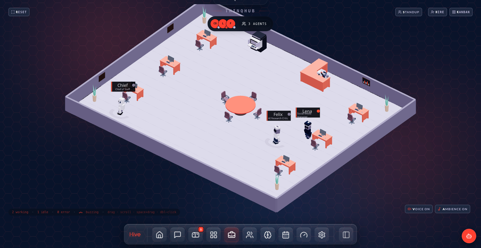 The Hive office, an isometric workspace where agents sit at desks