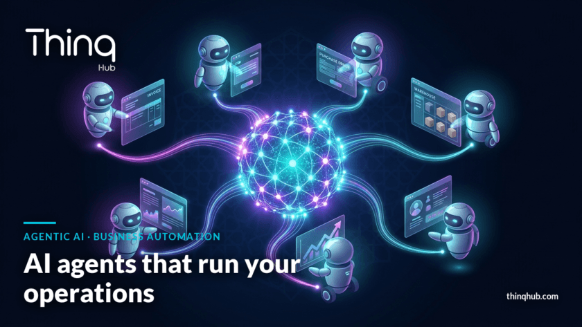 Agentic AI business automation dashboard with connected workflow nodes and data streams