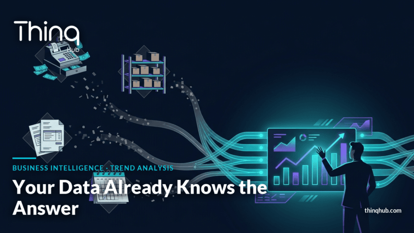 Business intelligence dashboard showing data flows from multiple SME systems converging into clear insights for decision-makers