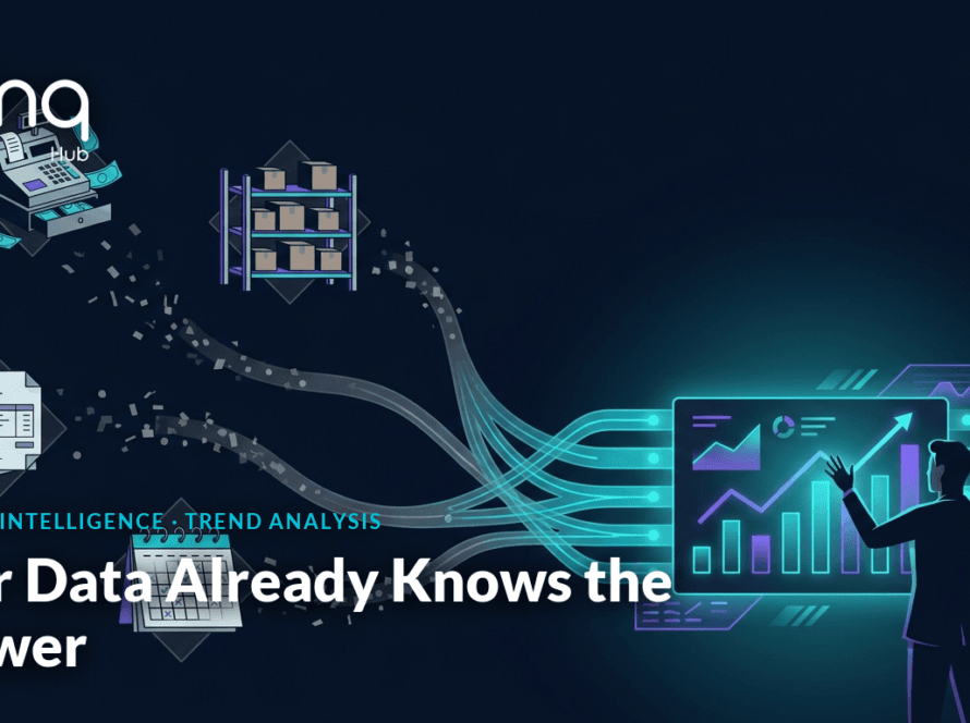 Business intelligence dashboard showing data flows from multiple SME systems converging into clear insights for decision-makers