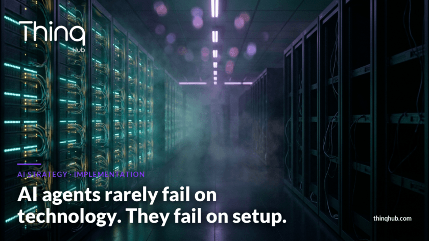 Agentic AI implementation showing connected server infrastructure in a cinematic data centre corridor with teal and violet lighting